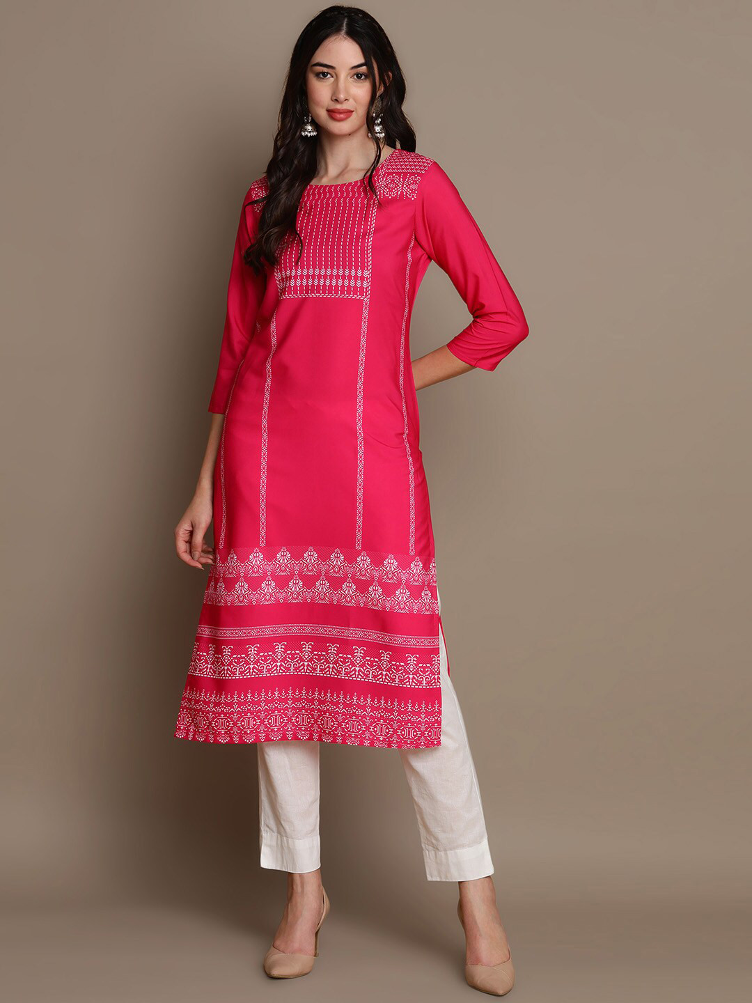 

AHIKA Ethnic Motifs Printed Round Neck Crepe Kurta, Pink