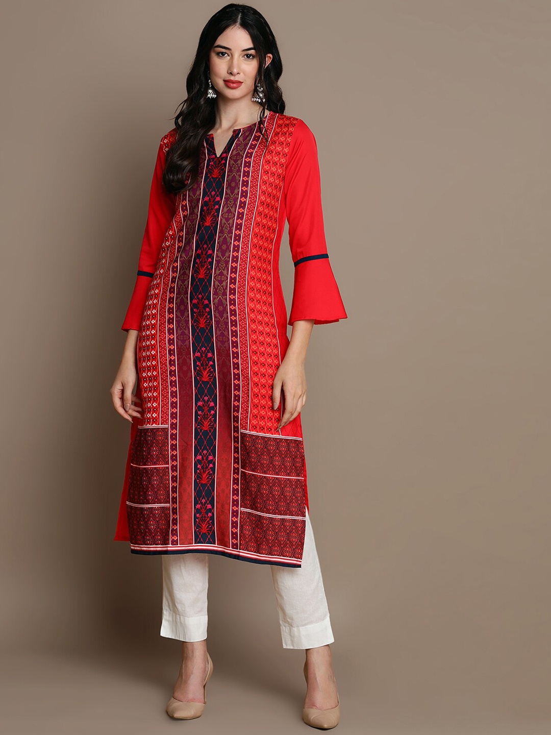 

AHIKA Ethnic Motifs Printed Round Neck Crepe Kurta, Red