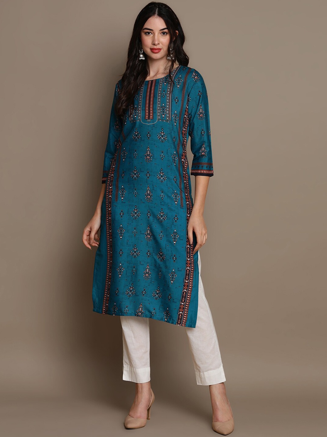 

AHIKA Ethnic Motifs Printed Round Neck Kurta, Teal