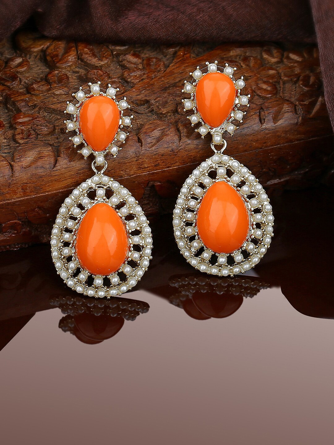 

Estele Gold-Plated Stone-Studded & Beaded Teardrop Shaped Drop Earrings