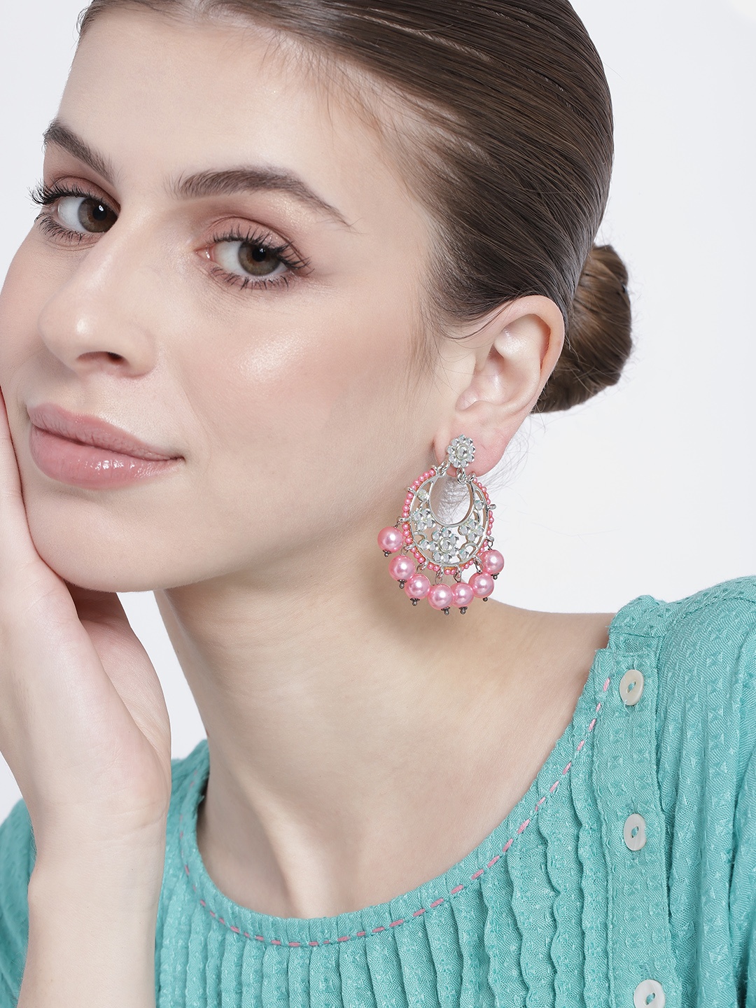 

Estele Rhodium-Plated Circular Chandbalis Earrings, Pink
