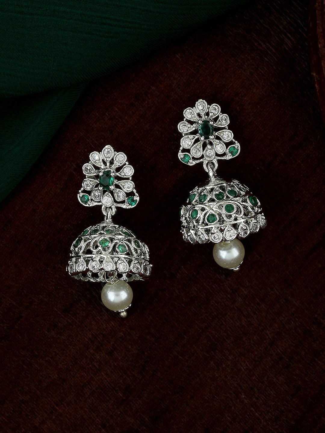 

Estele Rhodium-Plated Floral Jhumka Earrings, Silver