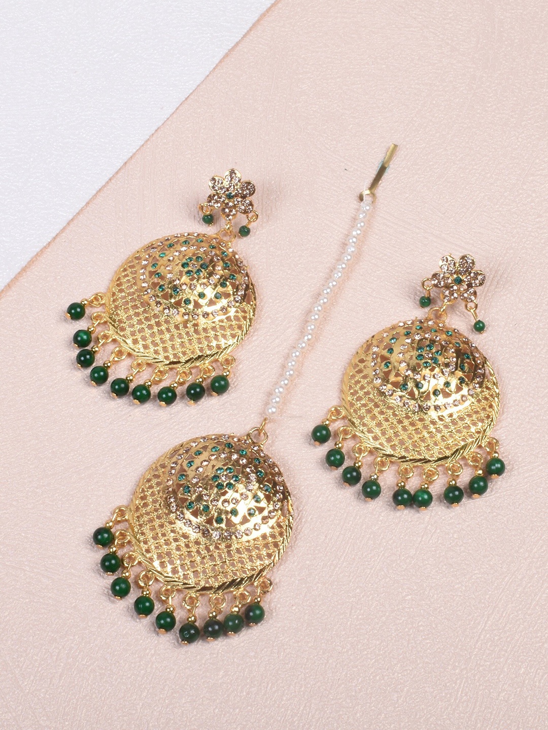 

STEORRA JEWELS Gold-Plated Stone Studded & Beaded Earrings And Maang Tikka Jewellery Set