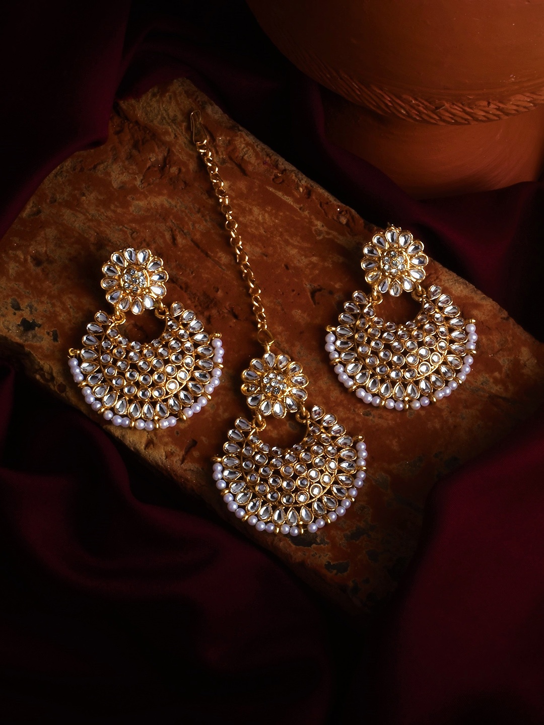 

STEORRA JEWELS Gold-Plated Stone Studded & Beaded Earrings And Maang Tikka Jewellery Set