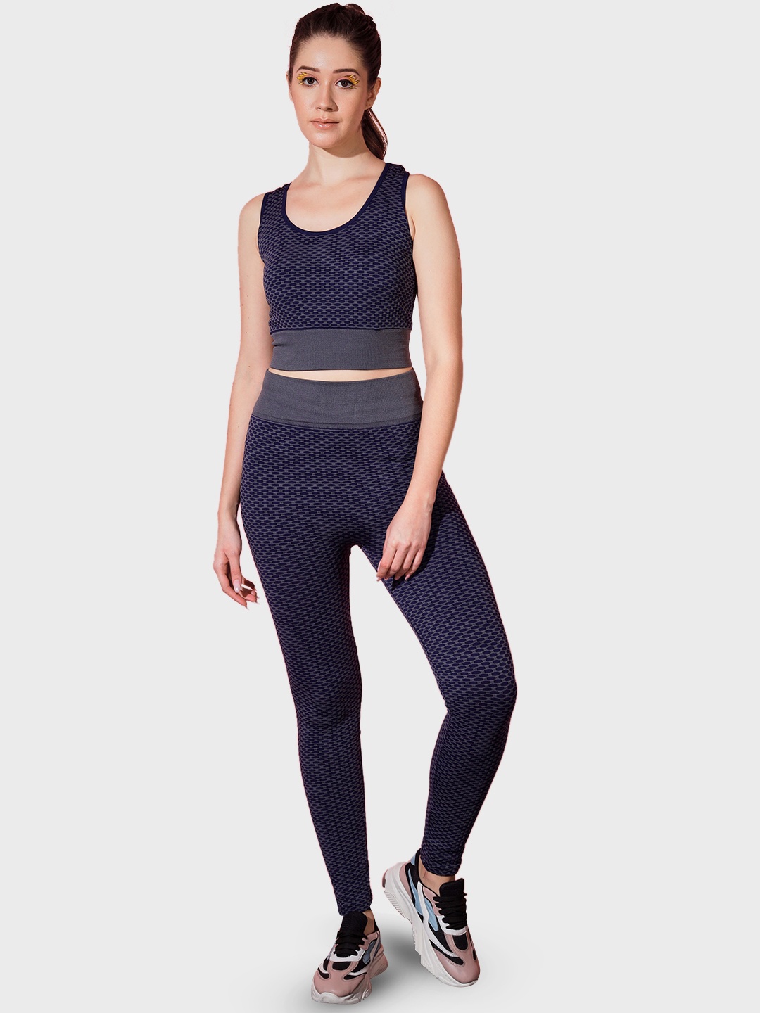 

BUY NEW TREND Self Design Lycra High-Rise Stretchy Gym Track Suit, Navy blue