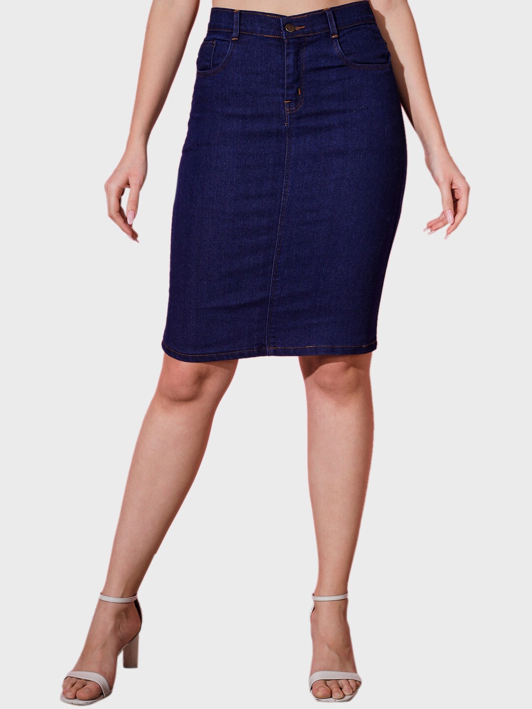 

BUY NEW TREND Denim Stretchable Pencil Knee Length Skirt, Blue