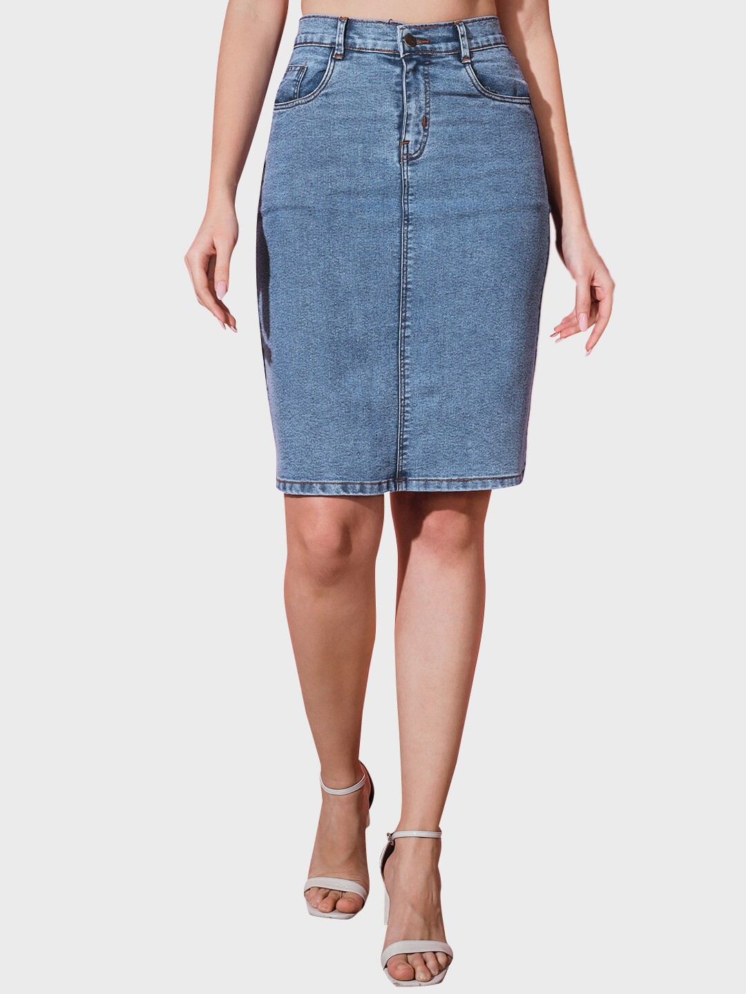 

BUY NEW TREND Denim Mid Rise Pencil Knee Length Skirt, Blue