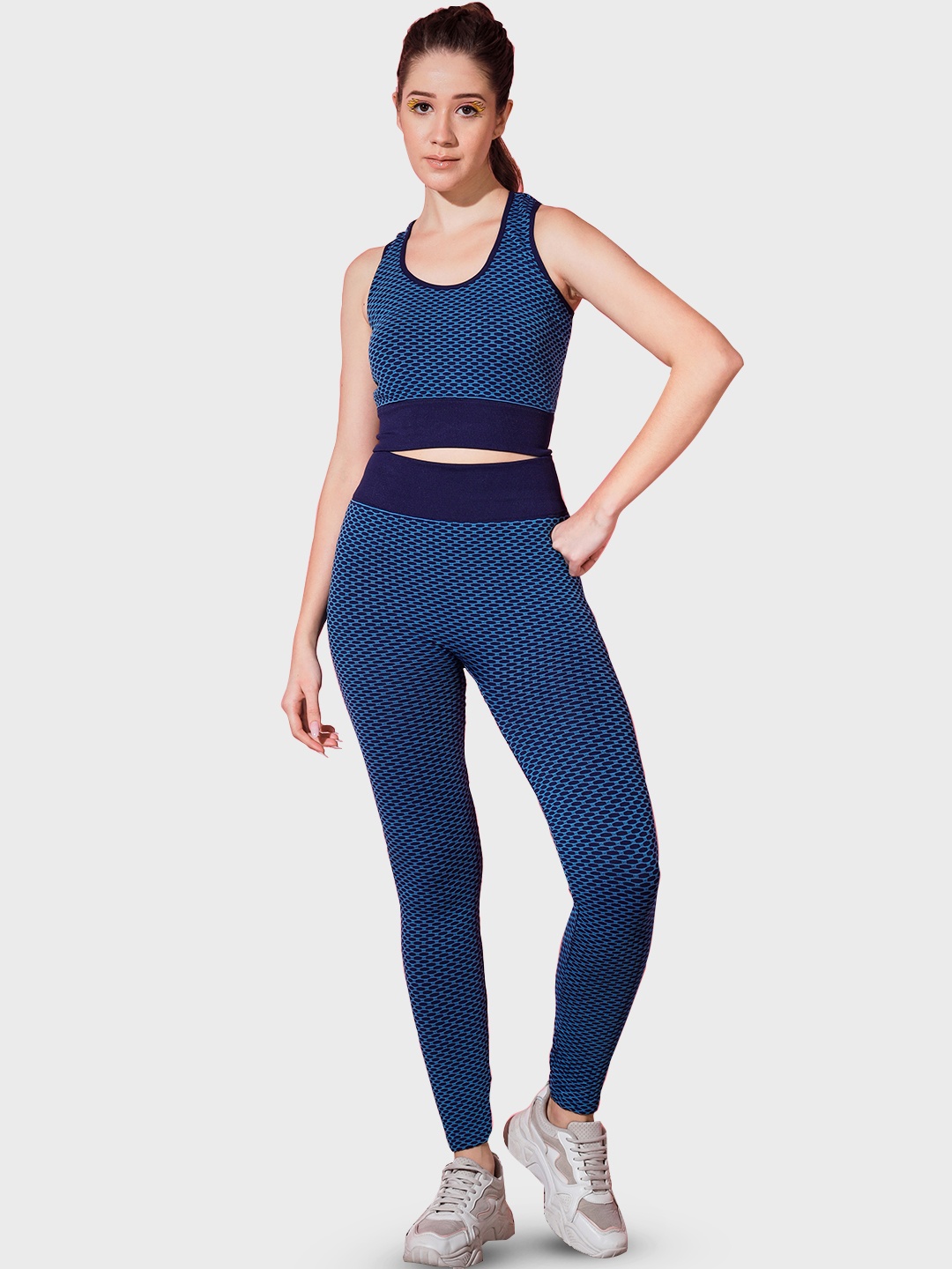 

BUY NEW TREND Self Design Lycra High-Rise Stretchy Gym Track Suit, Blue