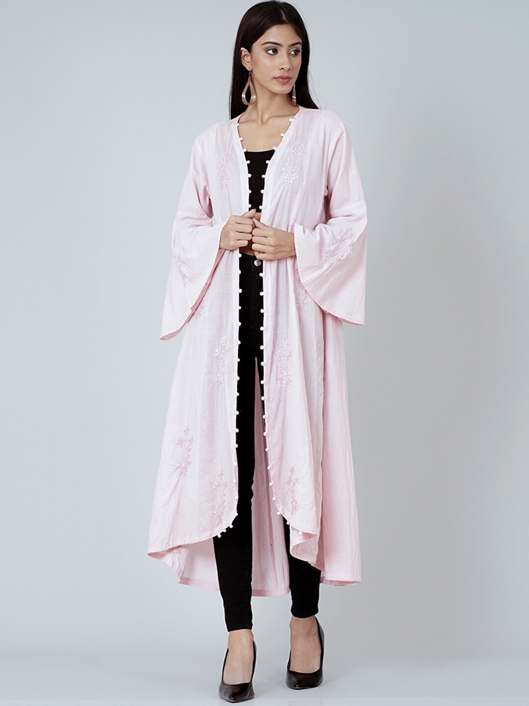 

First Resort by Ramola Bachchan Embroidered High-Low Cotton Longline Shrug, Pink