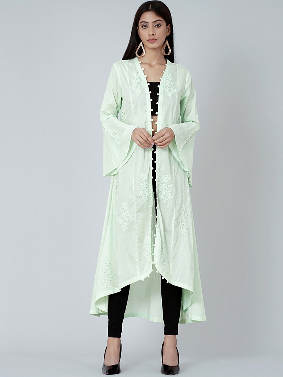 

First Resort by Ramola Bachchan Embroidered High-Low Cotton Longline Shrug, Sea green