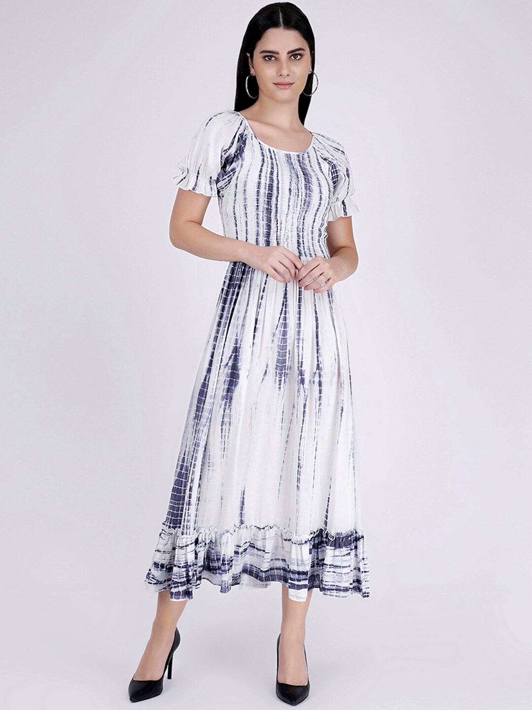 First Resort by Ramola Bachchan Tie & Dye Smocked Fit & Flare Midi Dress, White