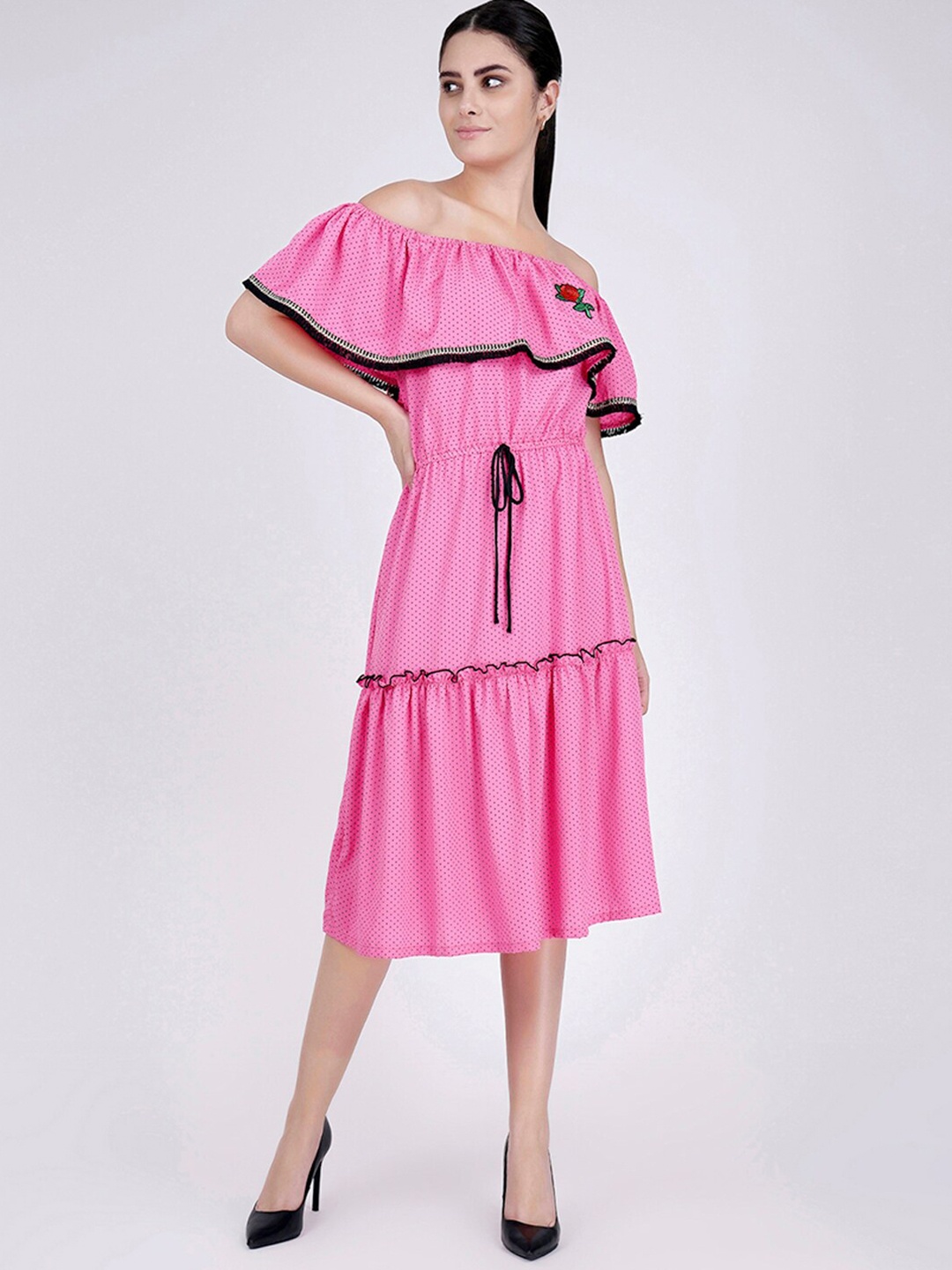 

First Resort by Ramola Bachchan Off-Shoulder Flutter Sleeve Crepe Fit & Flare Midi Dress, Pink