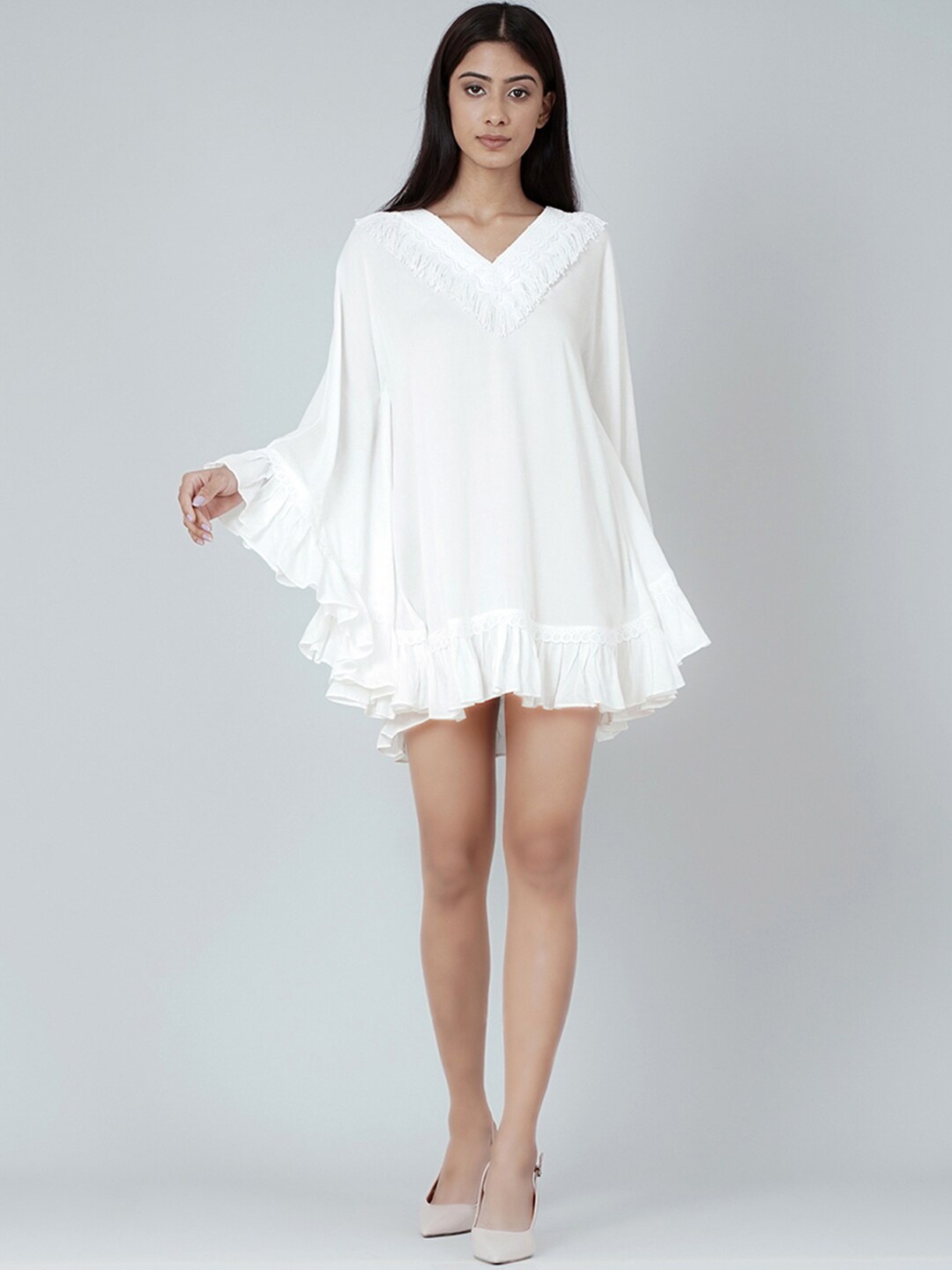 

First Resort by Ramola Bachchan V-Neck Flared Sleeve A-Line Mini Dress, White