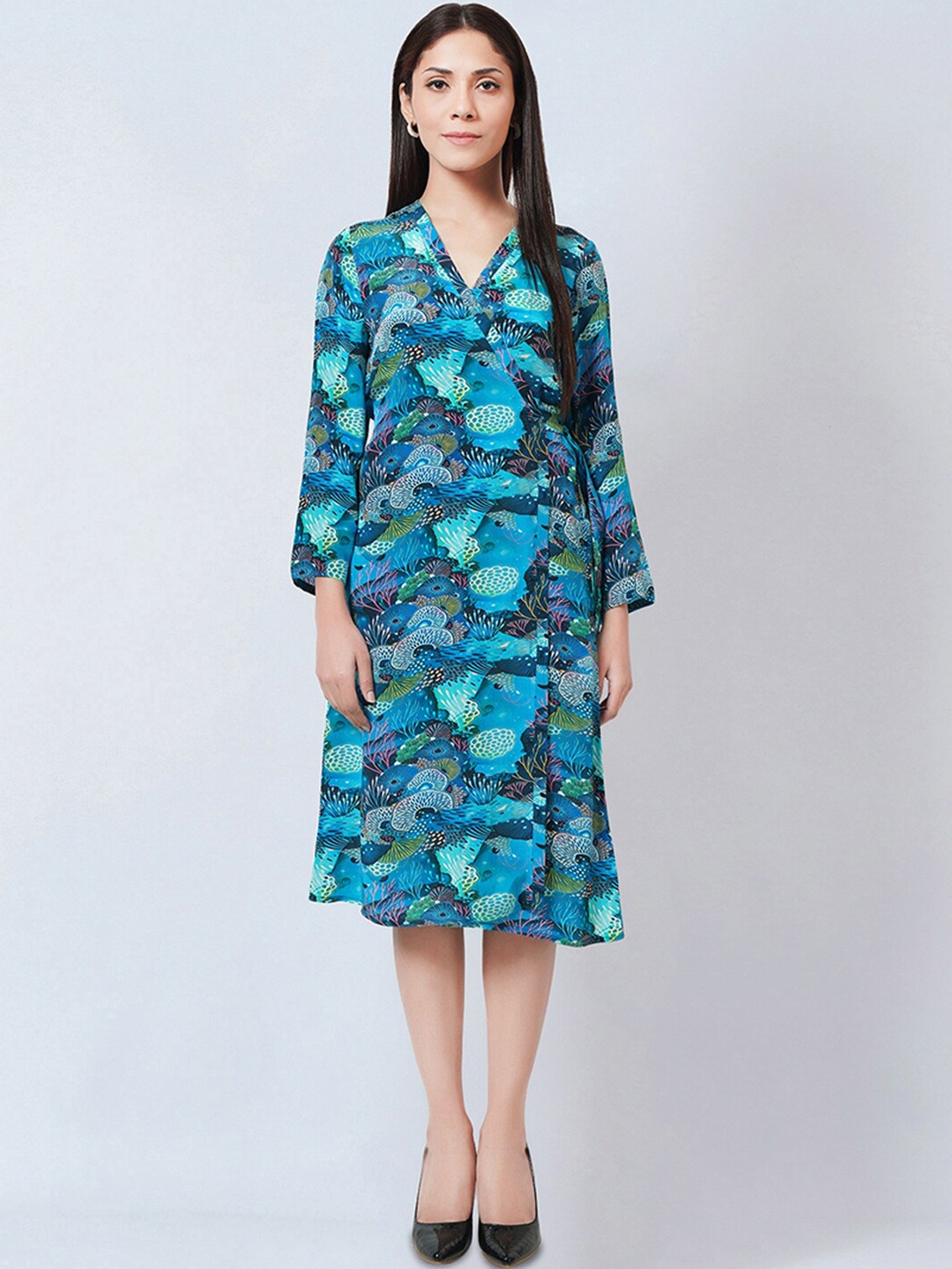 

First Resort by Ramola Bachchan Floral Printed Wrap Around Crepe Dress, Blue