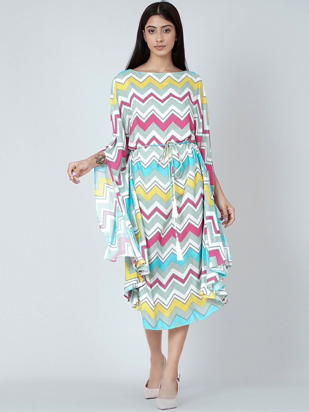 

First Resort by Ramola Bachchan Chevron Printed Kaftan Midi Dress, Blue
