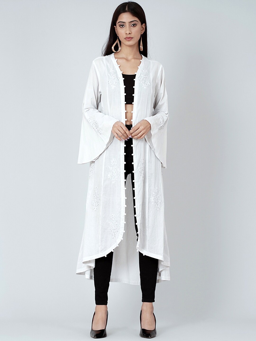 First Resort by Ramola Bachchan Embroidered Bell Sleeve Shrug, Grey