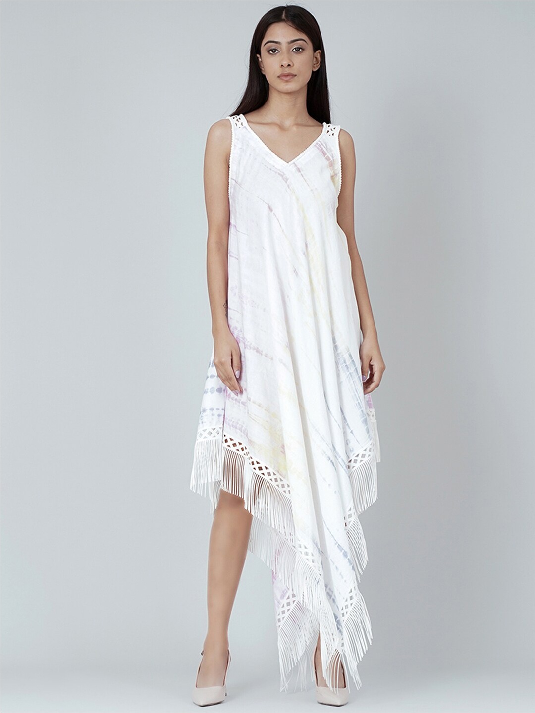 

First Resort by Ramola Bachchan V-Neck Tie and Dyed Midi Dress, White