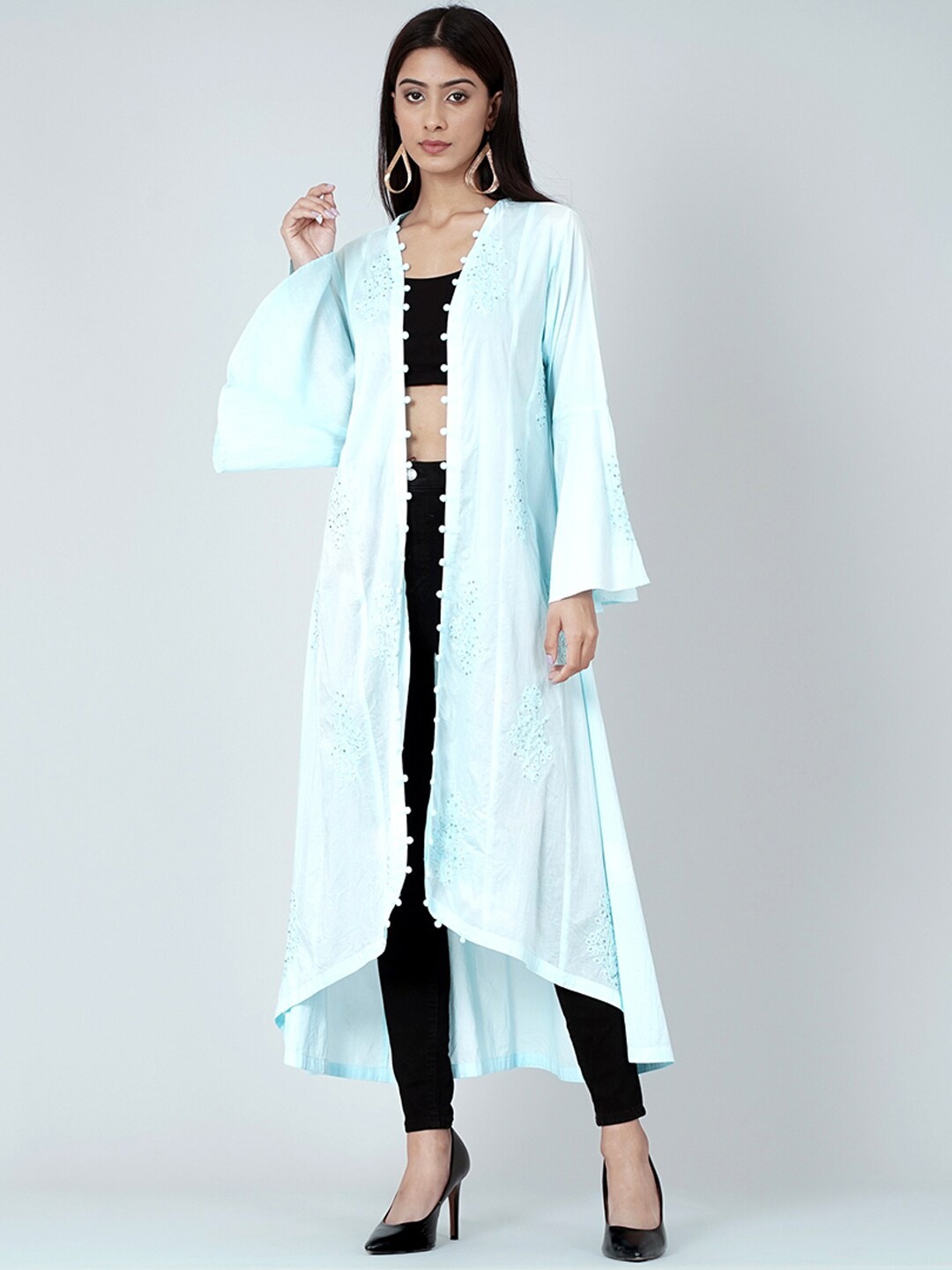 First Resort by Ramola Bachchan Embroidered Bell Sleeve Shrug, Blue