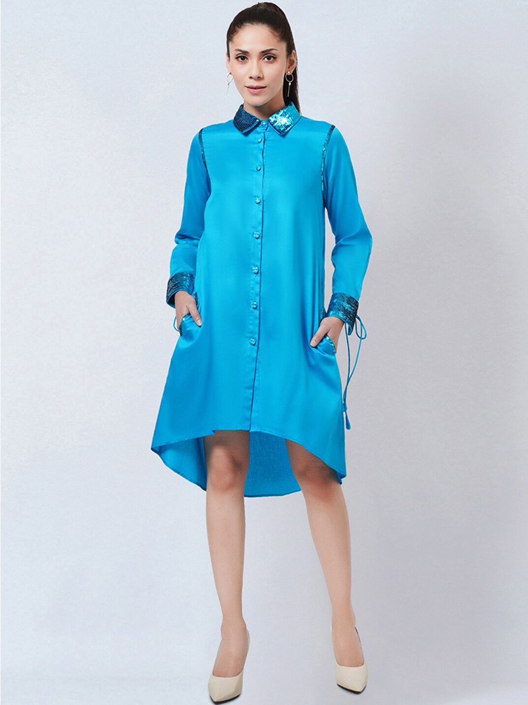 

First Resort by Ramola Bachchan Satin Shirt Dress, Blue