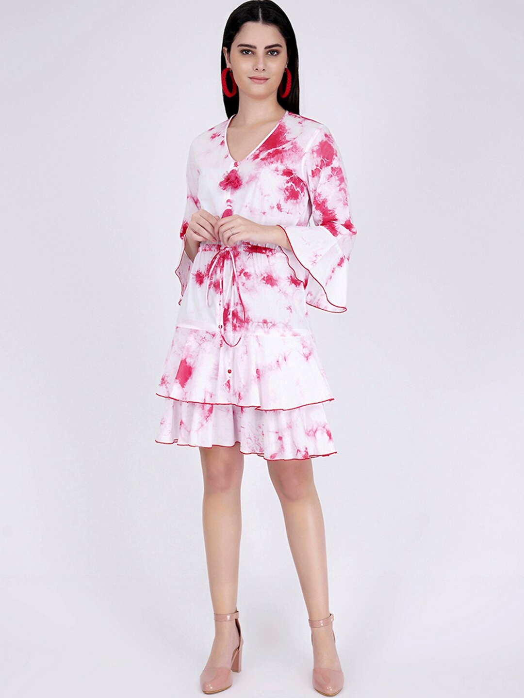 

First Resort by Ramola Bachchan Tie And Dye Bell Sleeve Fit & Flare Dress, Pink