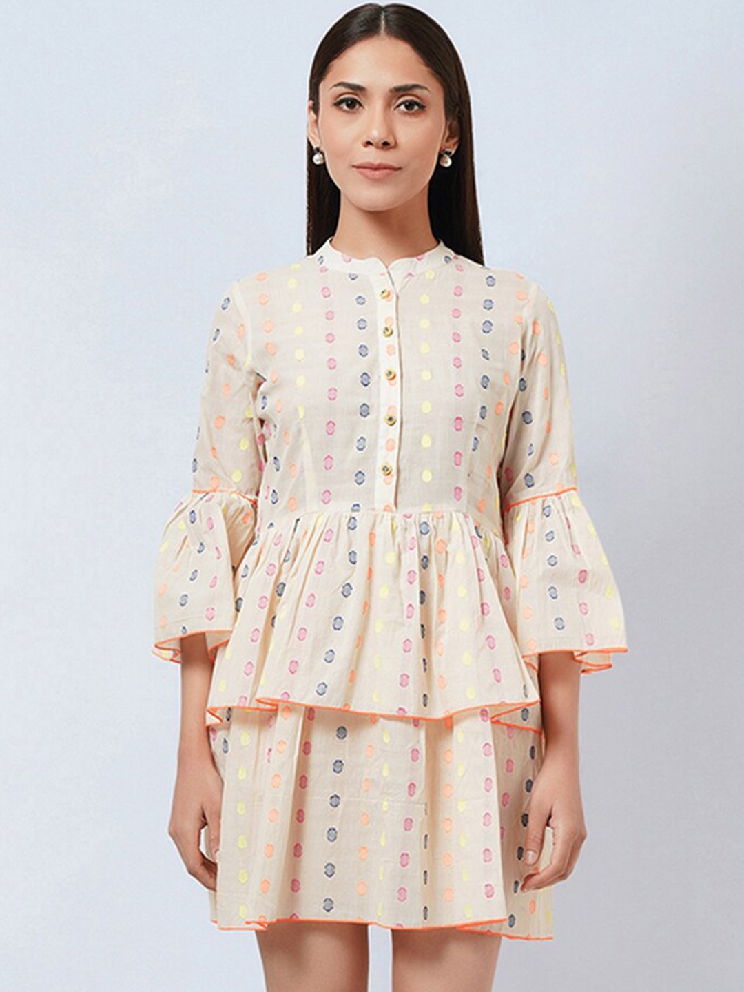 

First Resort by Ramola Bachchan Geometric Printed Bell Sleeve Cotton Fit & Flare Dress, Cream