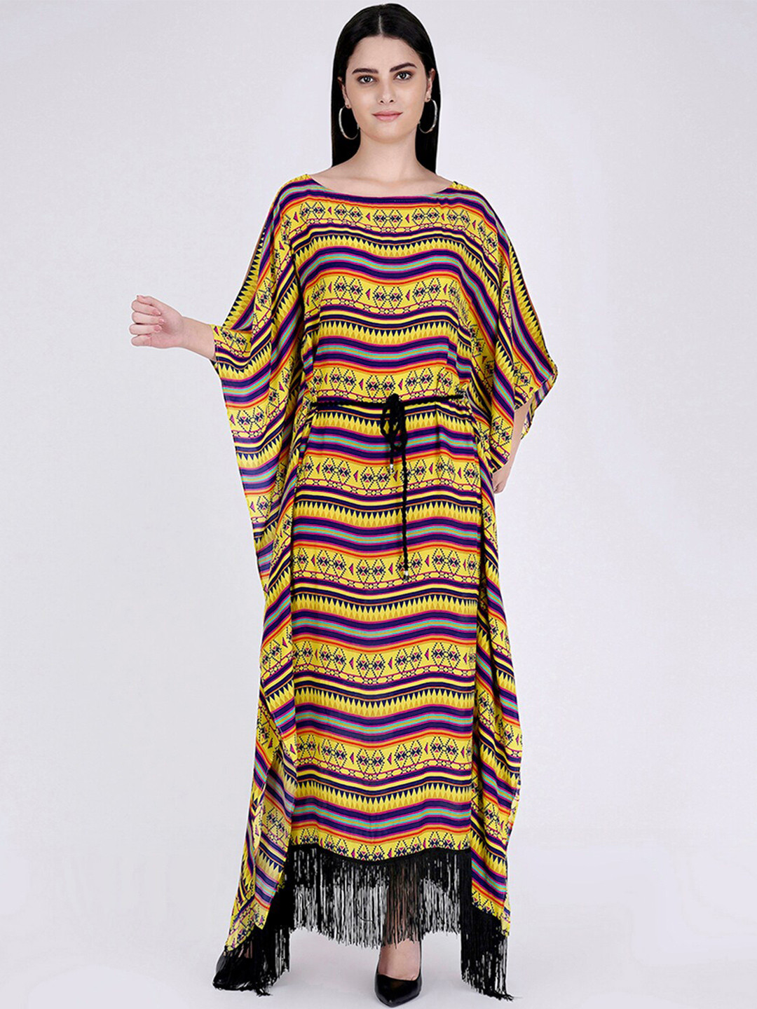 

First Resort by Ramola Bachchan Print Kimono Sleeve Crepe Kaftan Maxi Dress, Yellow
