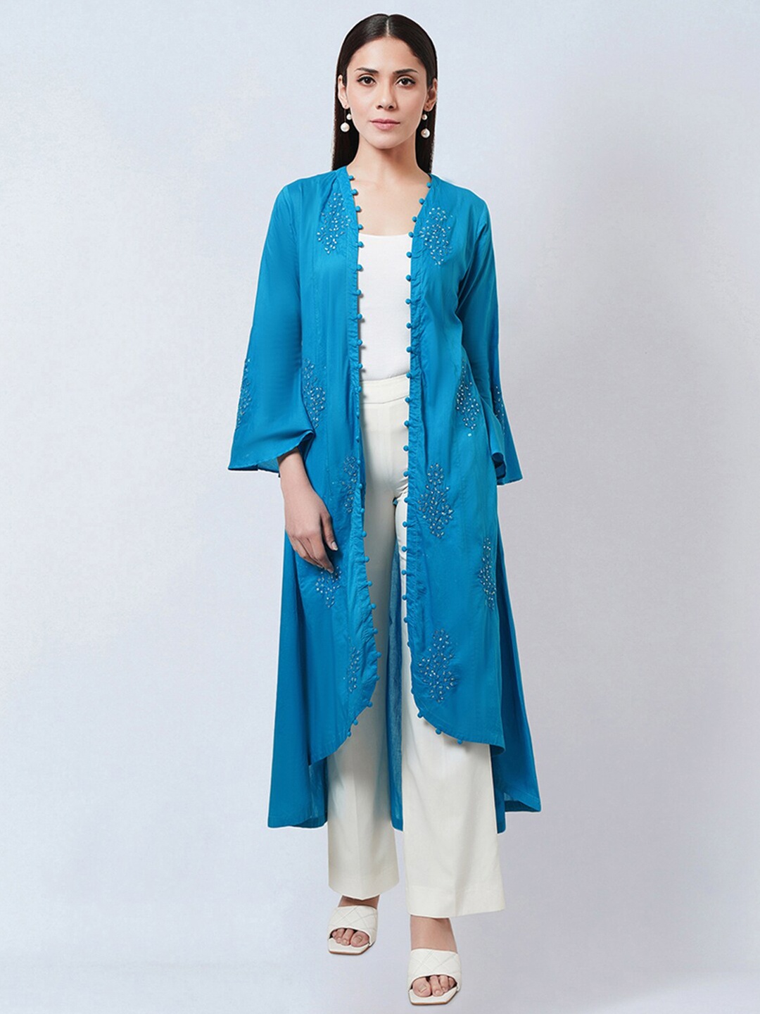 

First Resort by Ramola Bachchan Embroidered Bell Sleeve Shrug, Blue