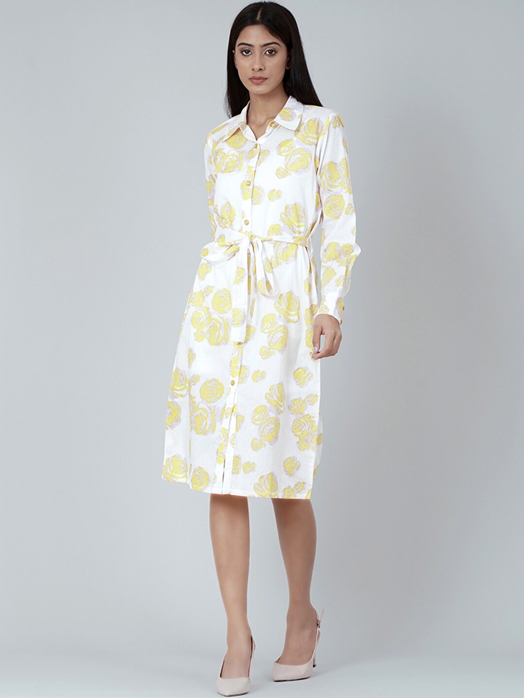 

First Resort by Ramola Bachchan Floral Print Shirt Dress, Yellow