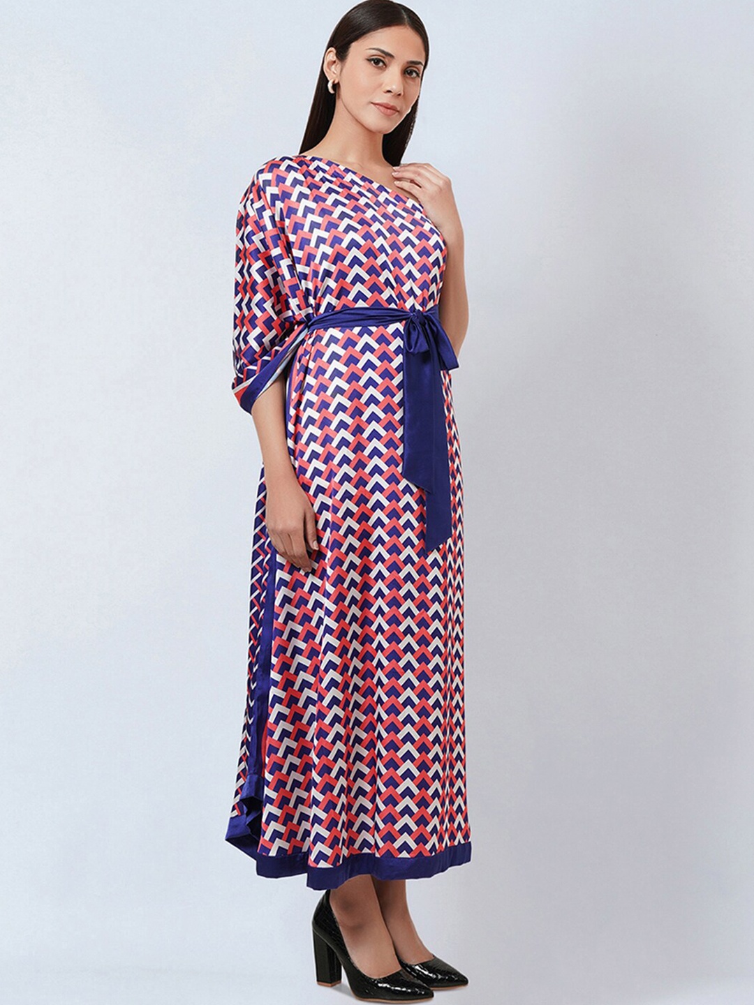 

First Resort by Ramola Bachchan Print Cape Sleeve Satin Maxi Dress, Pink