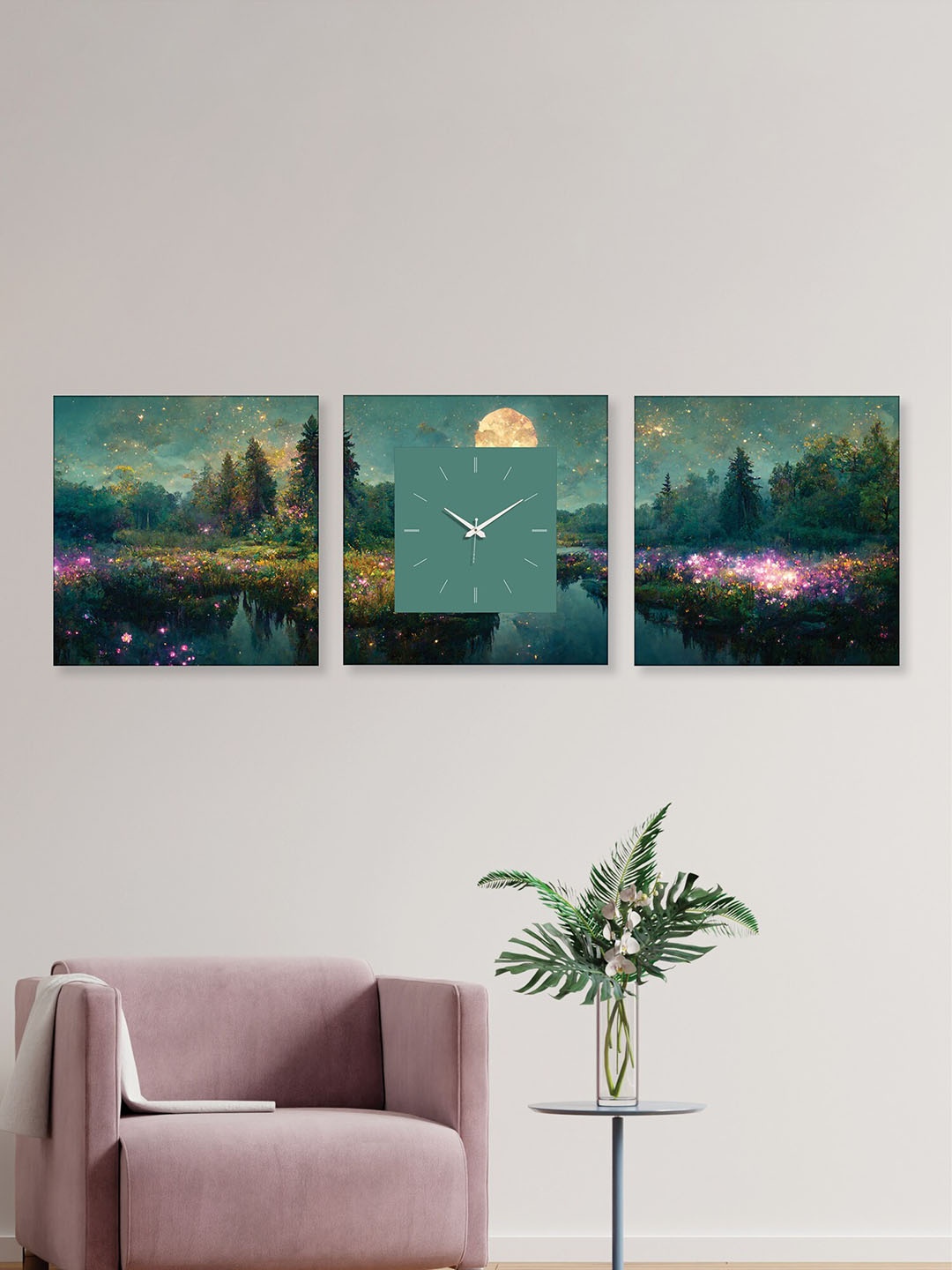 

RANDOM Green & Yellow 2 Pieces Printed Wall Art With Square wall Clock