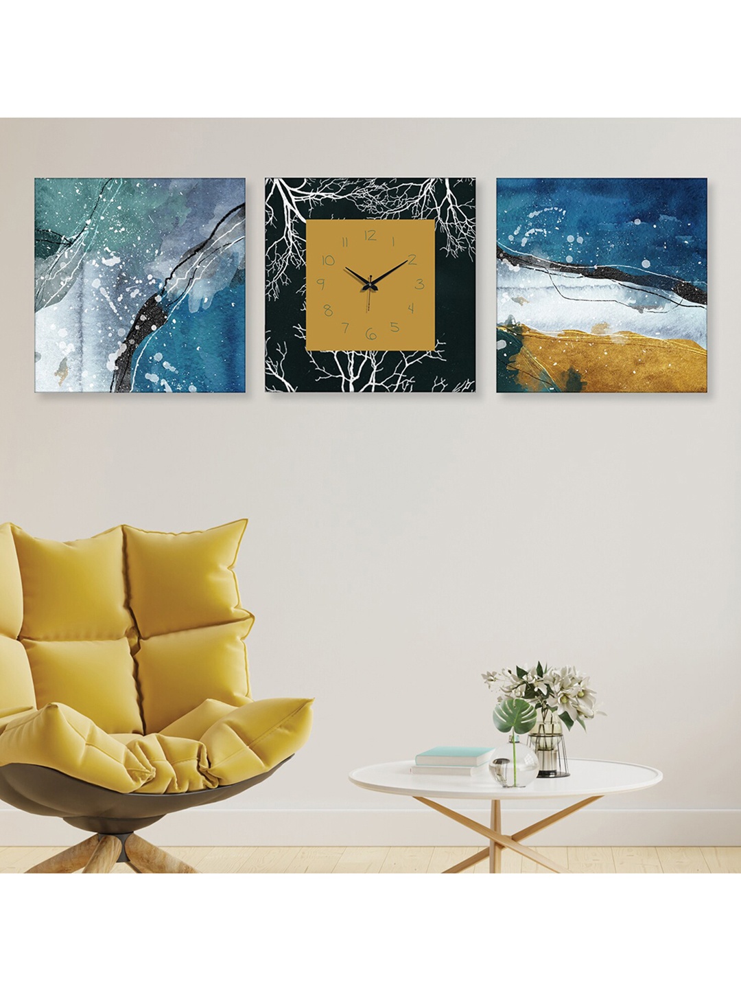 

RANDOM Blue & Mustard 2 Pieces Printed Wall Art With Square wall Clock