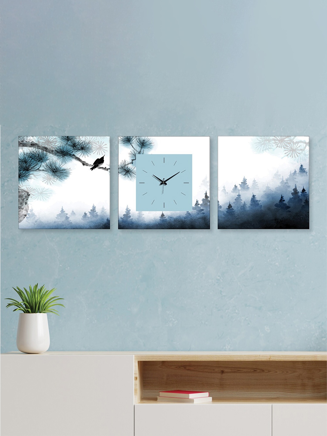 

RANDOM Blue & White 2 Pieces Printed Wall Art With Square wall Clock