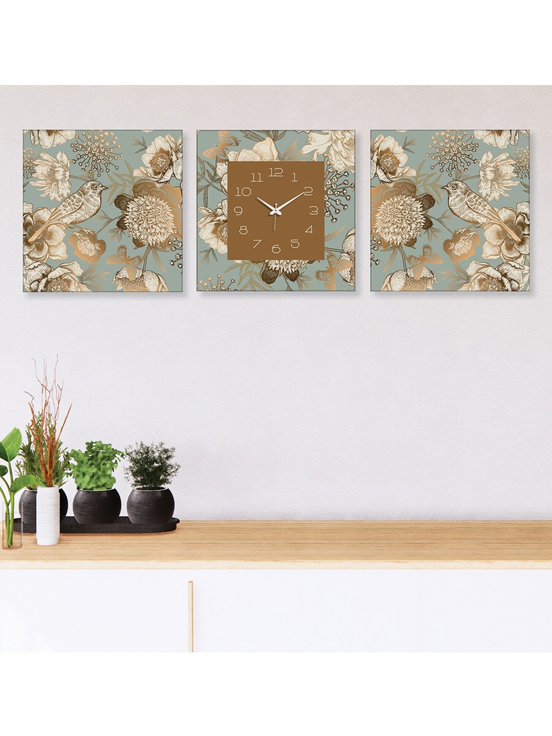 

RANDOM Grey & Copper-Toned 2 Pieces Printed Wall Art With Square wall Clock