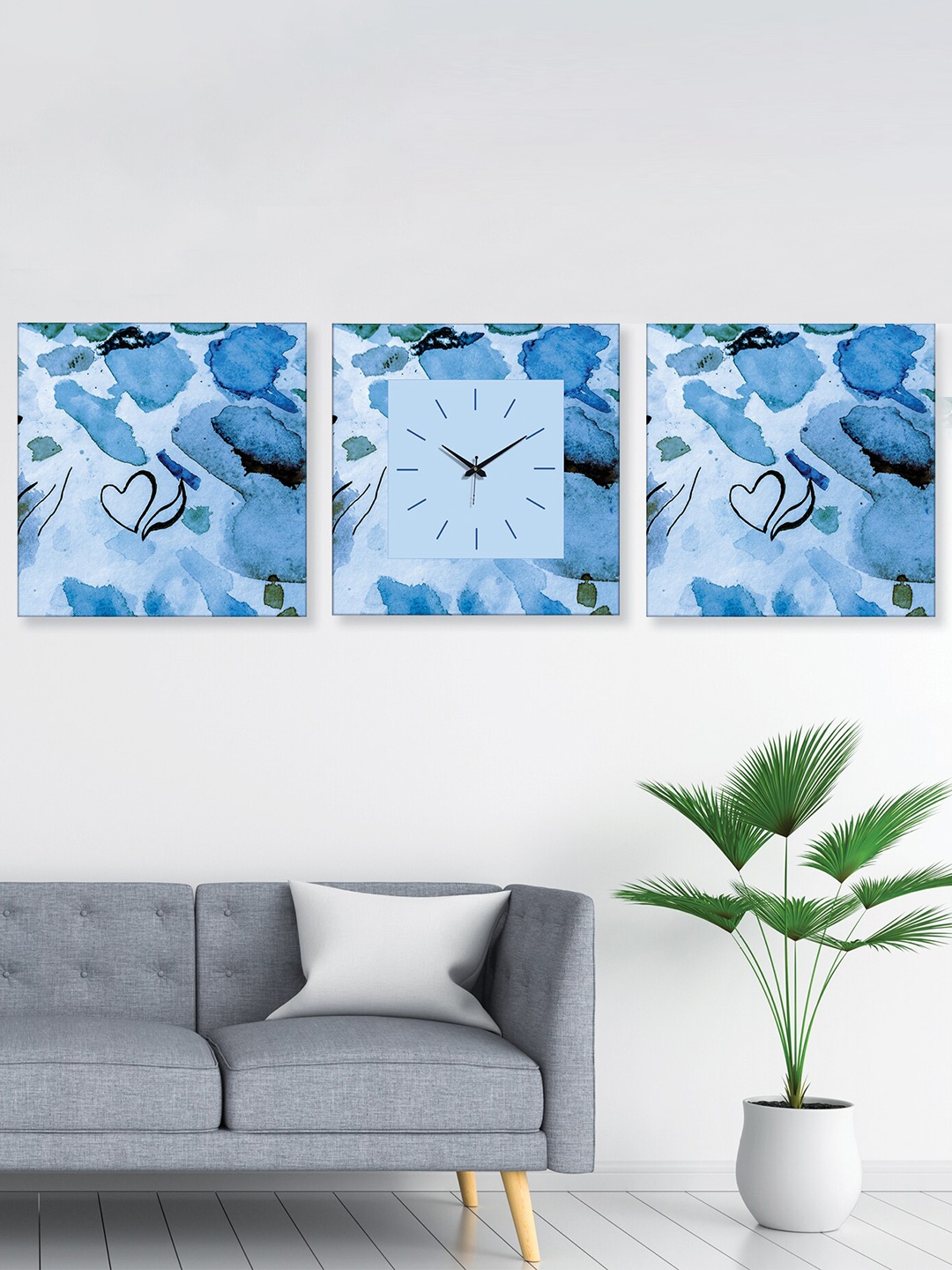 

RANDOM Blue & White 2 Pieces Printed Wall Art With Square wall Clock