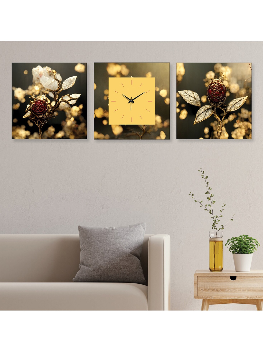 

RANDOM Gold-Toned & Black 2 Pieces Printed Wall Art With Square wall Clock