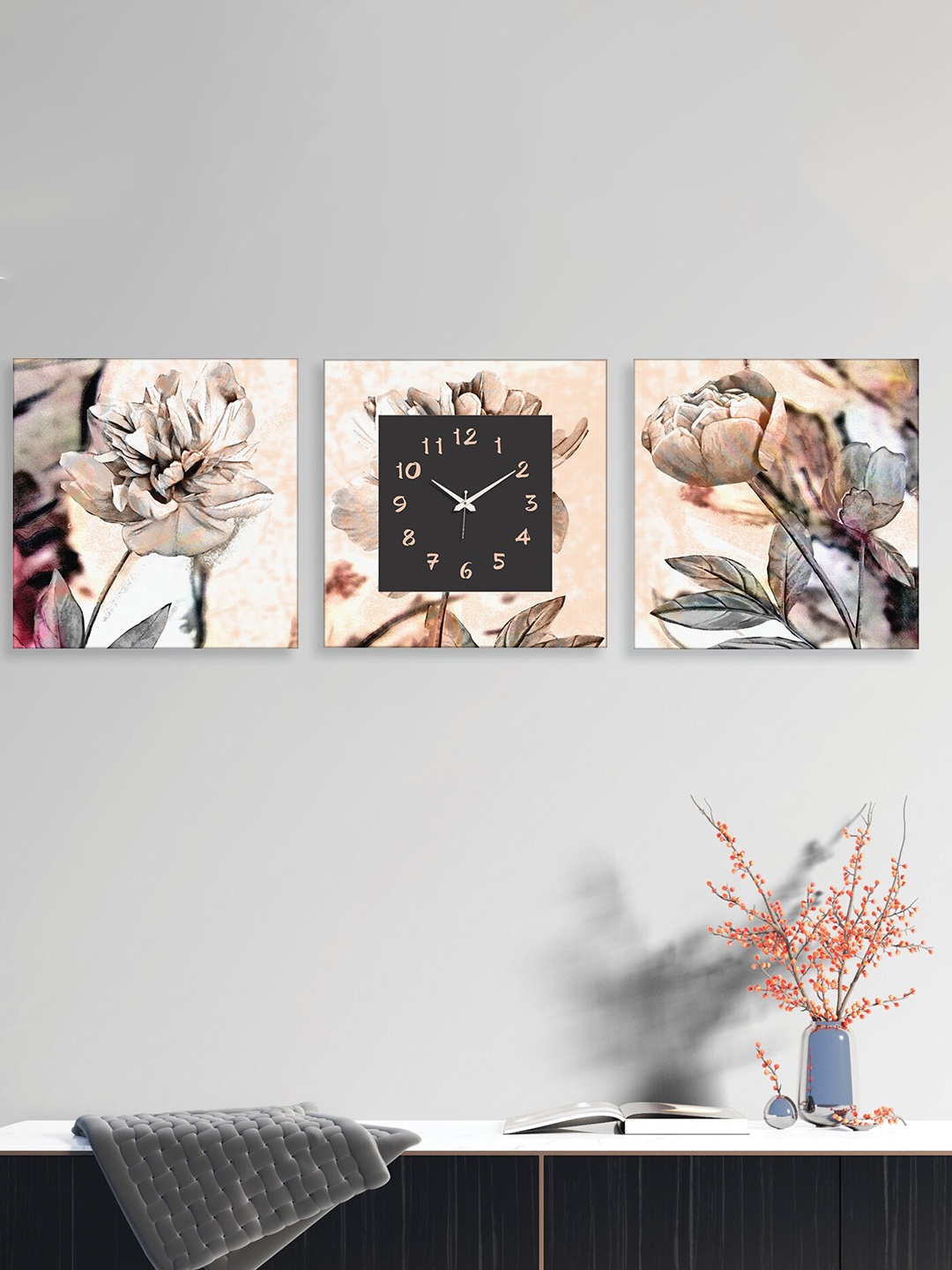 

RANDOM Brown & Grey 2 Pieces Printed Wall Art With Square wall Clock