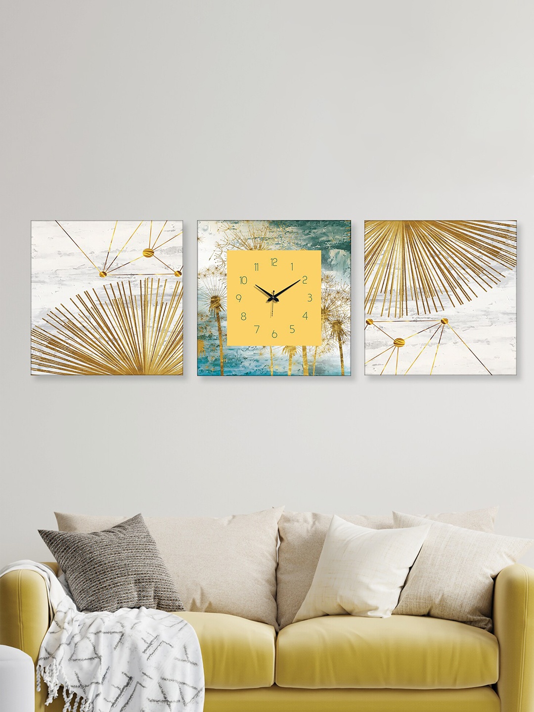 

RANDOM Blue & Gold-Toned 2 Pieces Printed Wall Art With Square wall Clock