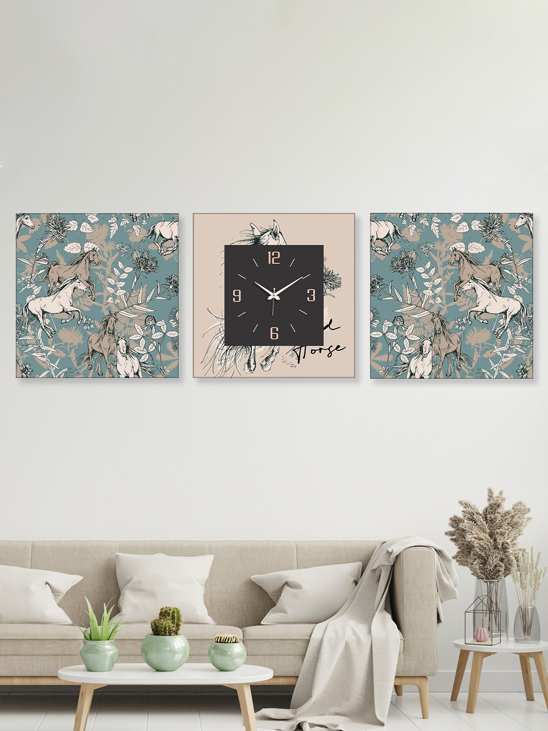 

RANDOM Beige & Blue 2 Pieces Printed Wall Art With Square wall Clock