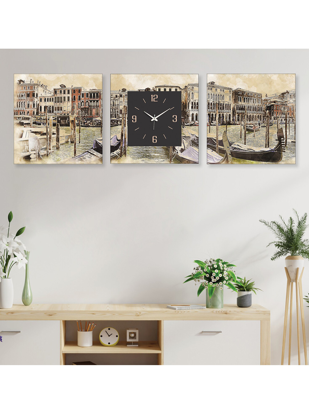 

RANDOM Beige & Brown 2 Pieces Printed Wall Art With Square wall Clock
