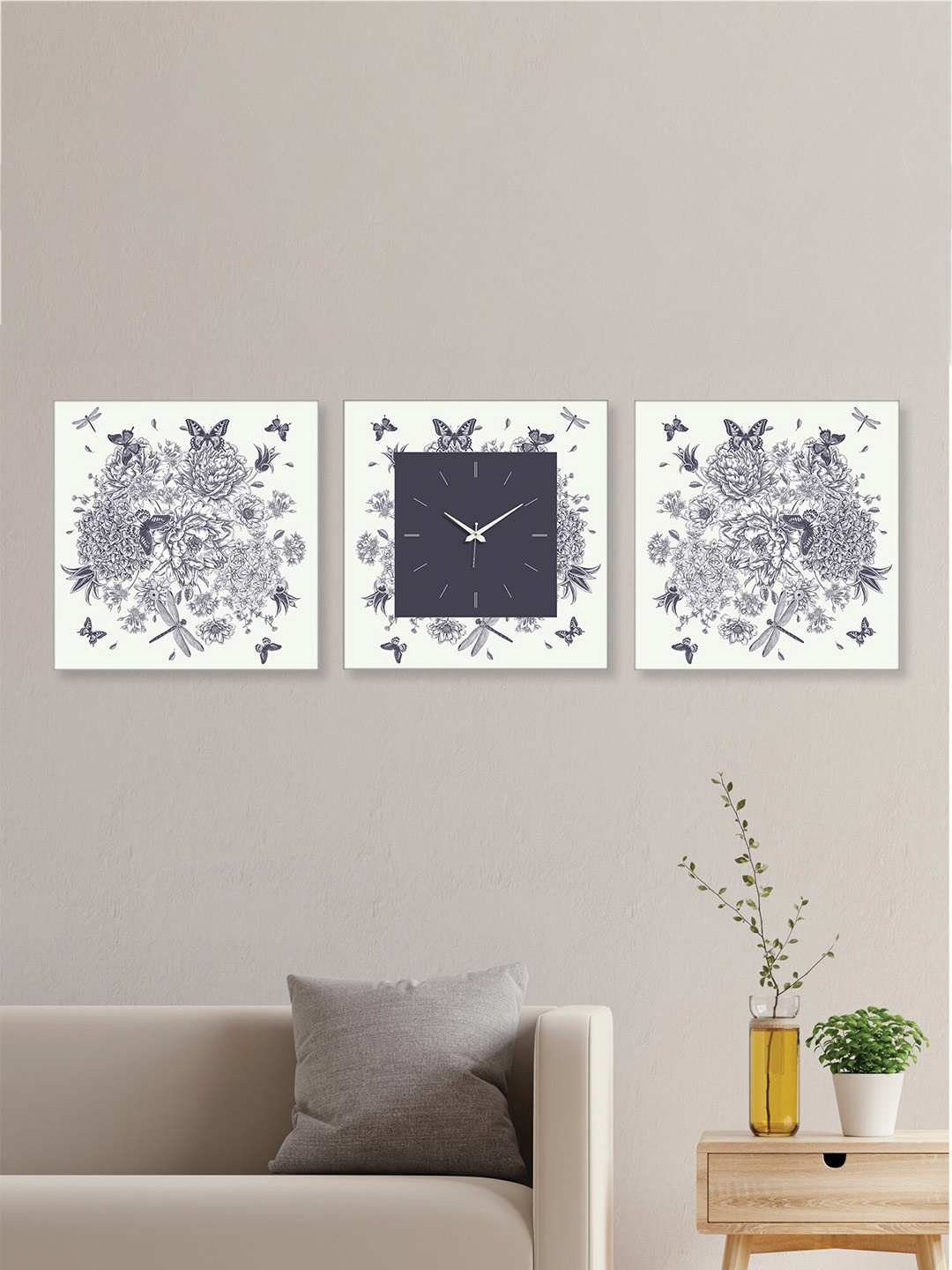 

RANDOM White & Grey 2 Pieces Printed Wall Art With Square wall Clock