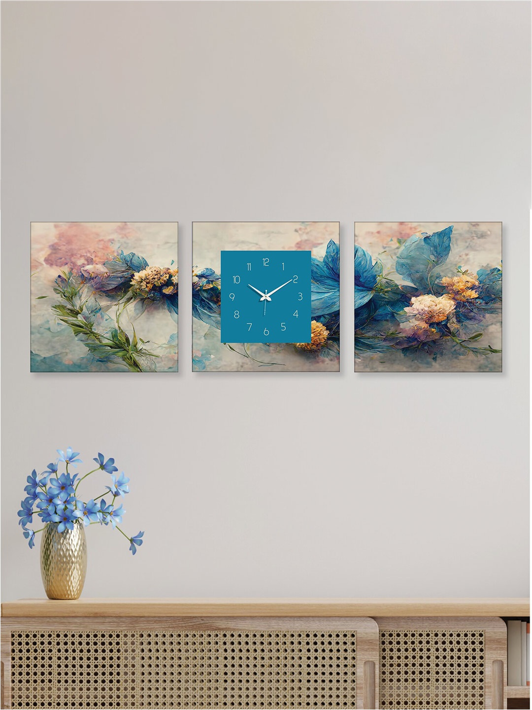 

RANDOM Blue & Pink 2 Pieces Printed Wall Art With Square wall Clock