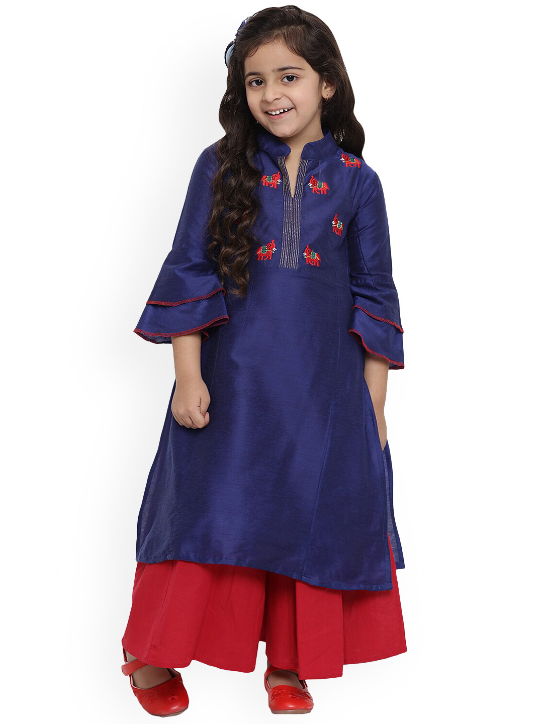

Bitiya by Bhama Girls Ethnic Motifs Embroidered Thread Work Kurta with Palazzos, Navy blue