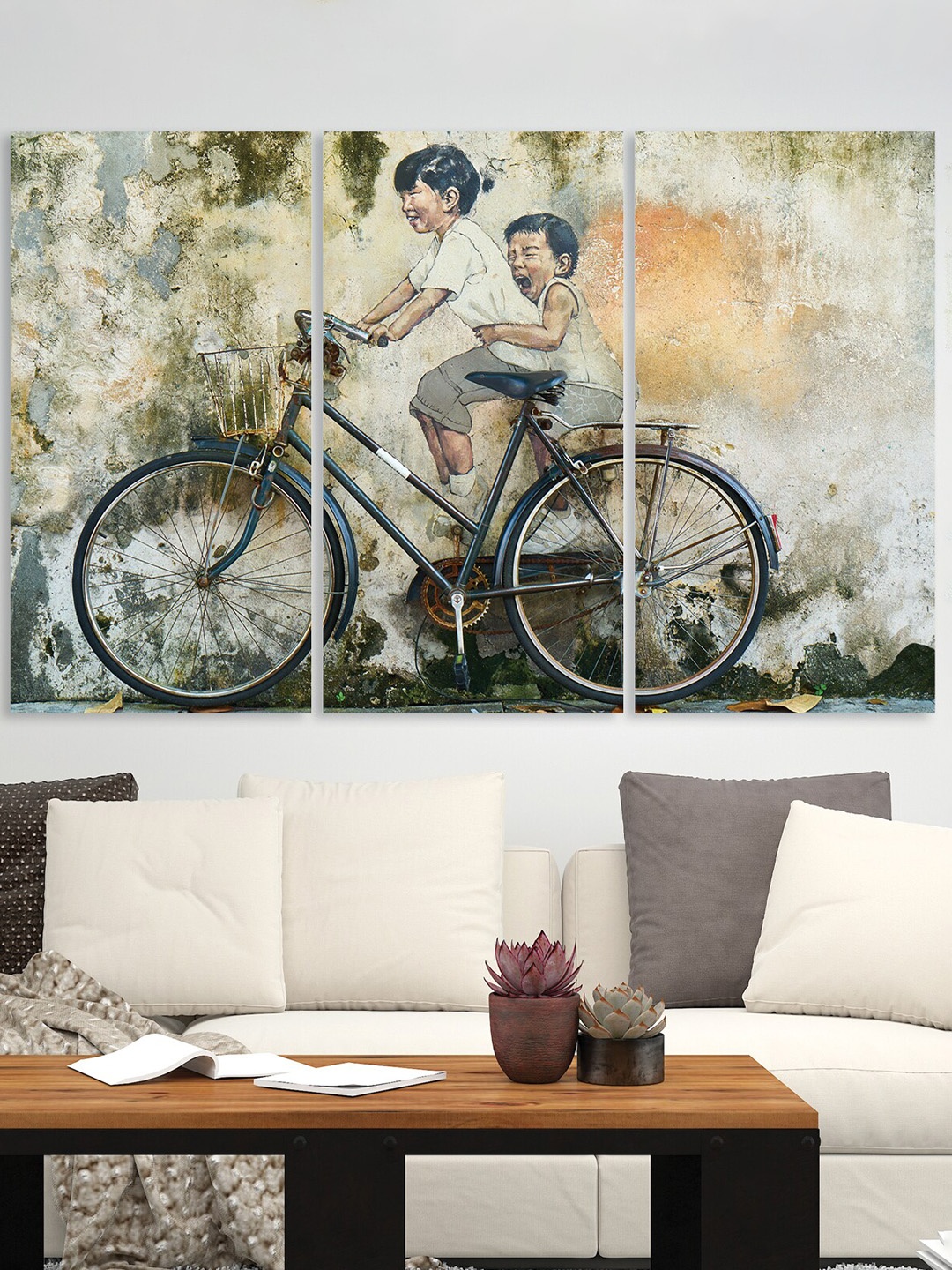 

RANDOM White & Yellow 3 Pieces Small Kids Playing Abstract Framed Wall Painting