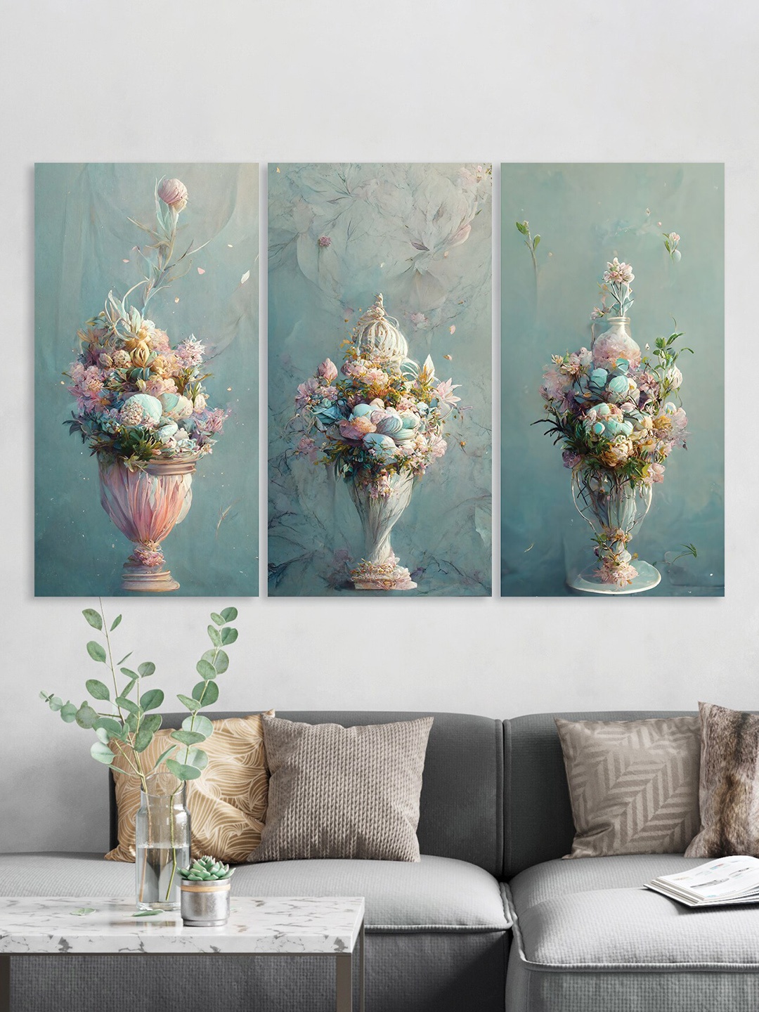 

RANDOM Green & Pink 3-Pcs Flowers Pot Abstract Wall Painting