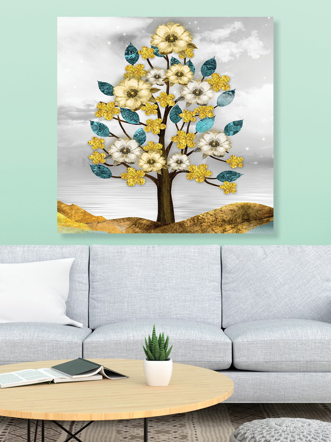 

RANDOM White & Golden Colored Flowers Tree Art Painting