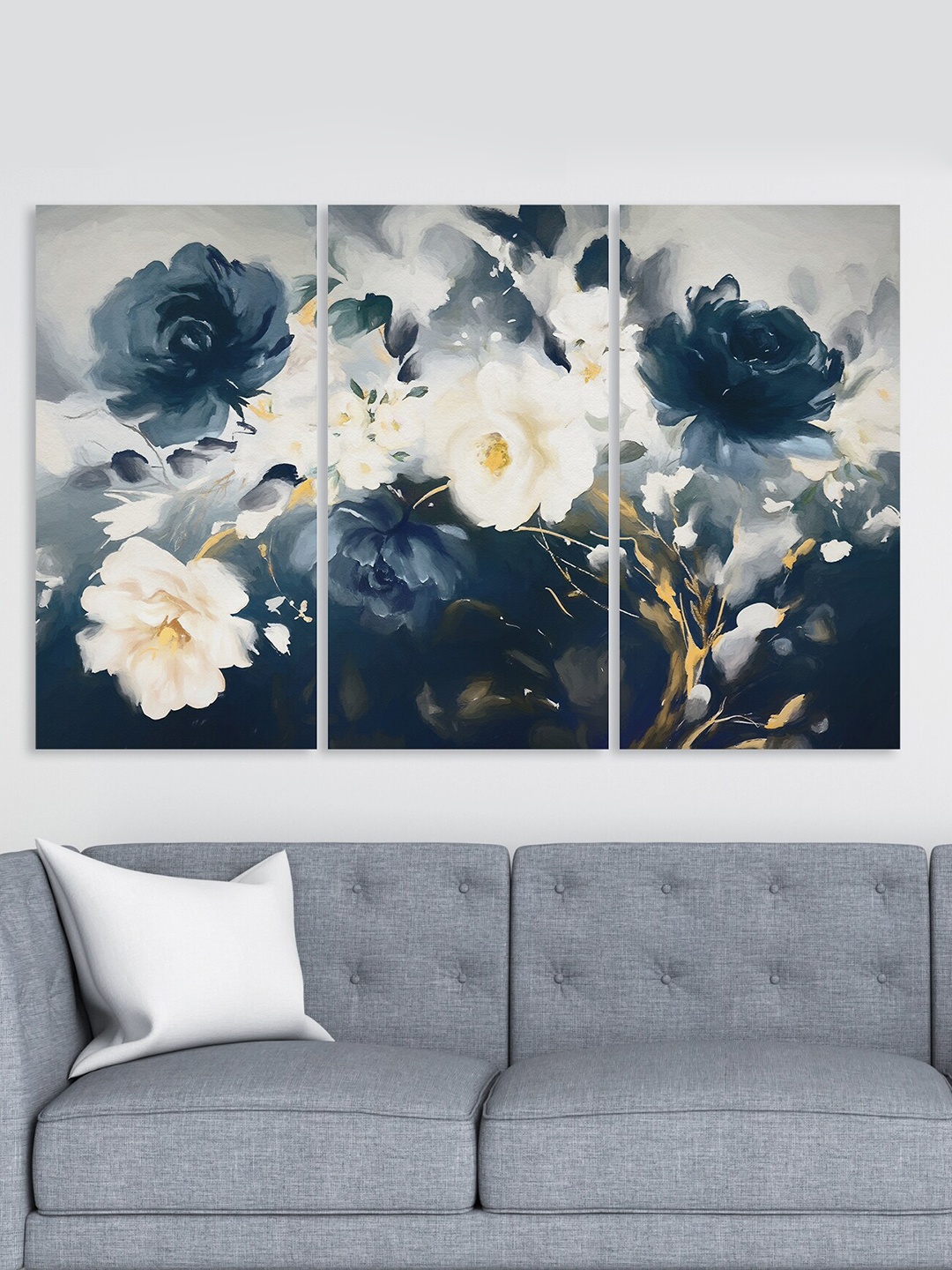 RANDOM Blue & White 3-Pcs Rose Flower Wall Painting