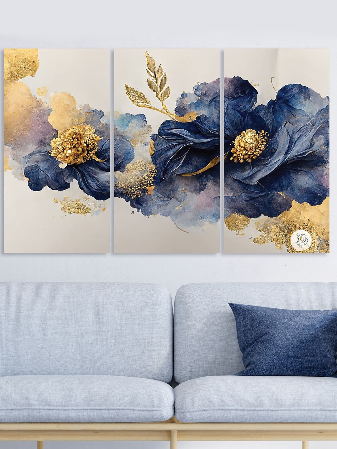 

RANDOM Blue 3-Pcs Flowers Abstract Canvas Wall Painting, Beige