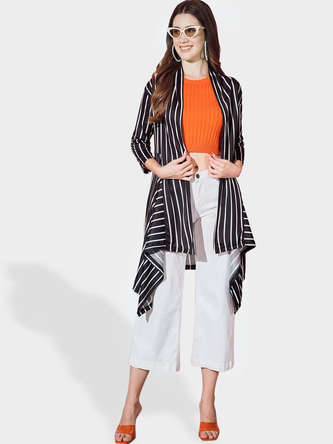 

BUY NEW TREND Open Front Striped Longline Shrug, Black