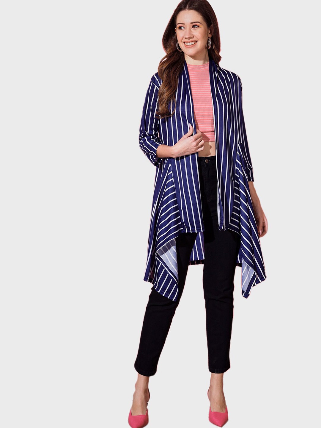 

BUY NEW TREND Women Striped Longline Shrug, Navy blue