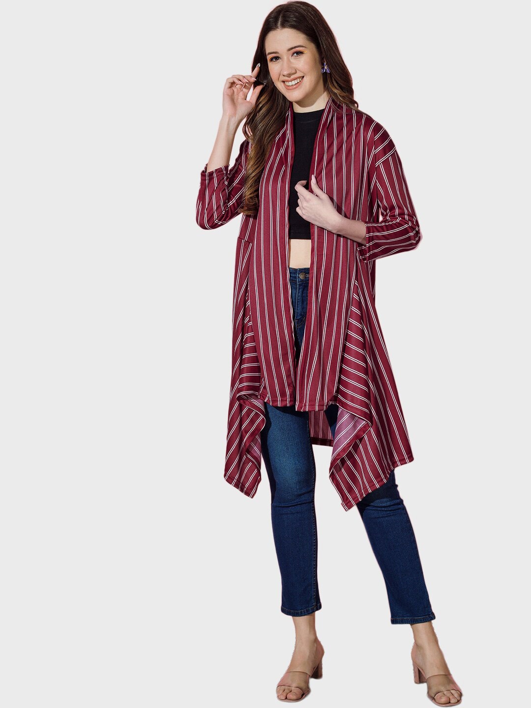 

BUY NEW TREND Women Striped Longline Shrug, Maroon
